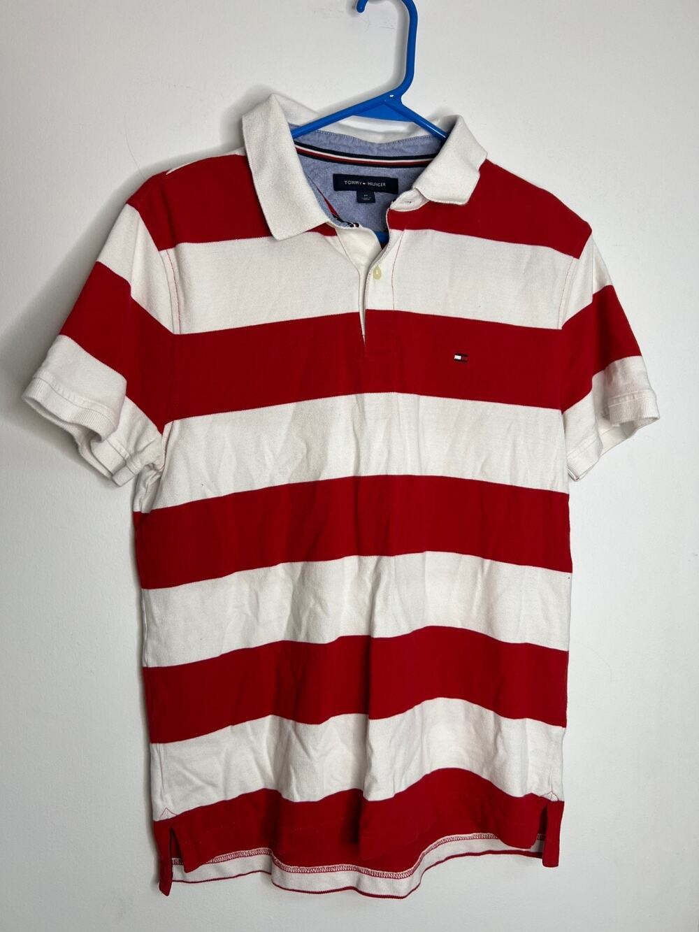 Tommy Hilfiger Mens Size Medium Red White Striped Short Sleeve Polo